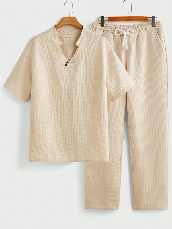 Men's Summer Solid Color Notched V-Neck Short Sleeve Shirt And Pants Casual Loose Outfit