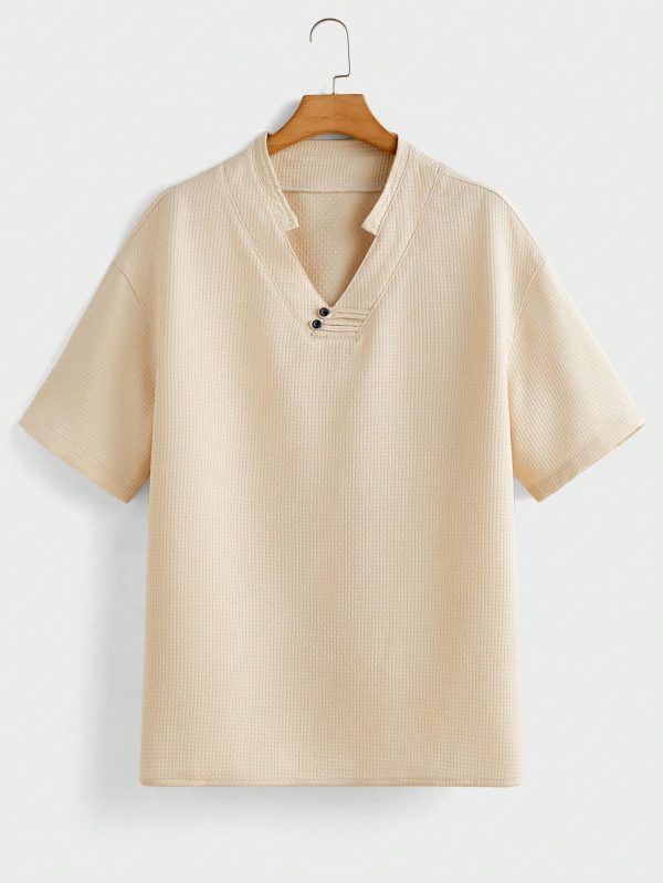 Men's Summer Solid Color Notched V-Neck Short Sleeve Shirt And Pants Casual Loose Outfit