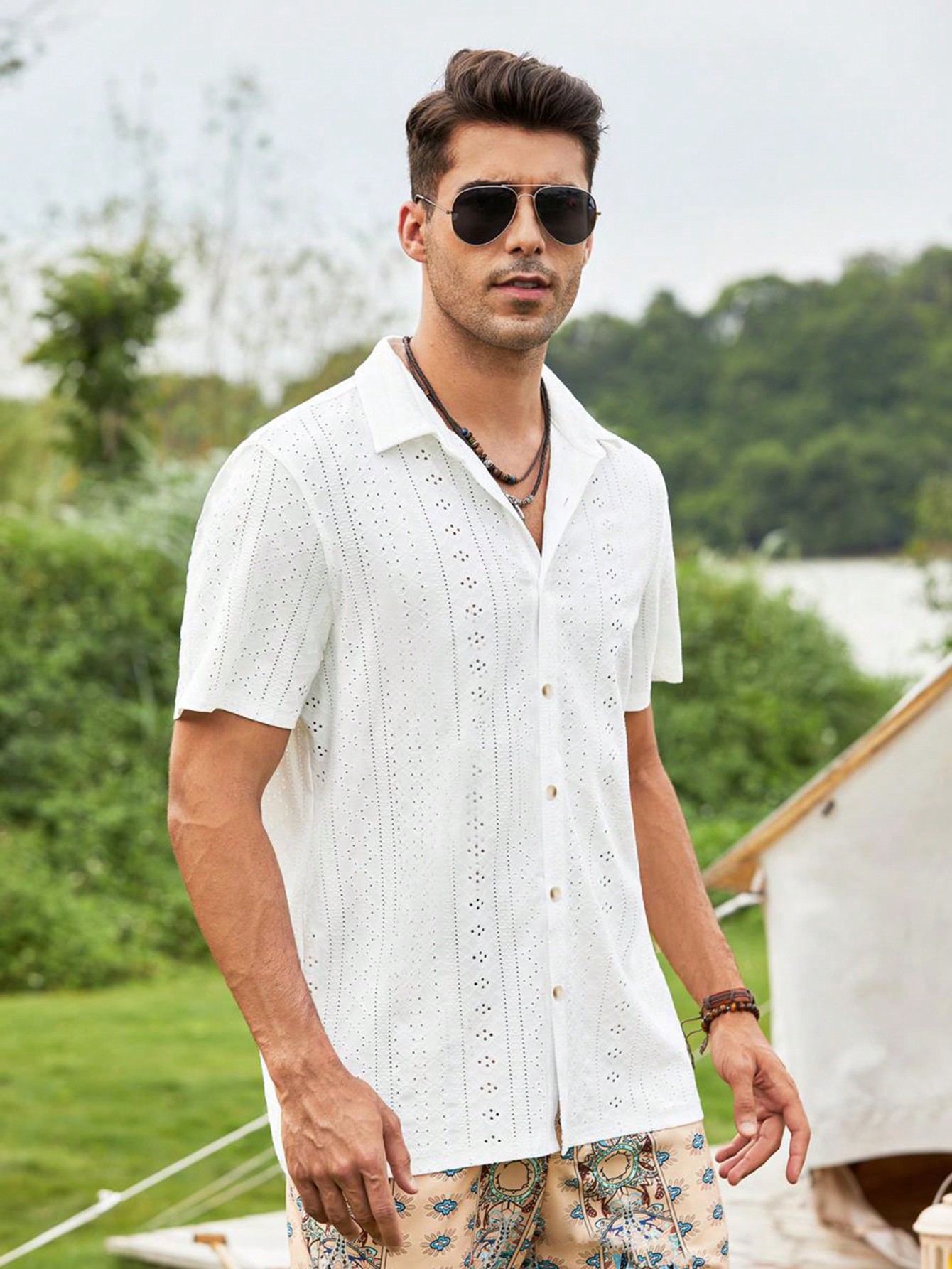 Men Eyelet Embroidery Button Up Short Sleeve Collar Plain White Boho Shirt For Dad & Boyfriend Gift