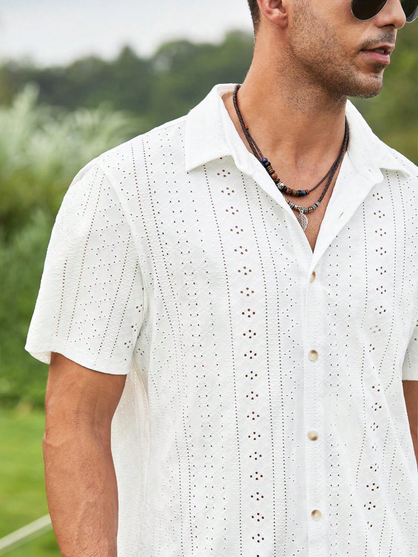 Men Eyelet Embroidery Button Up Short Sleeve Collar Plain White Boho Shirt For Dad & Boyfriend Gift