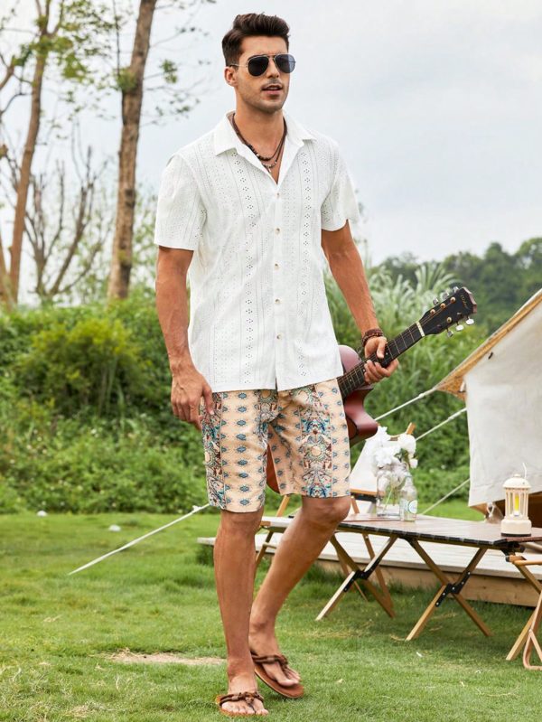 Men Eyelet Embroidery Button Up Short Sleeve Collar Plain White Boho Shirt For Dad & Boyfriend Gift
