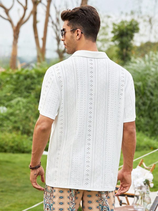 Men Eyelet Embroidery Button Up Short Sleeve Collar Plain White Boho Shirt For Dad & Boyfriend Gift