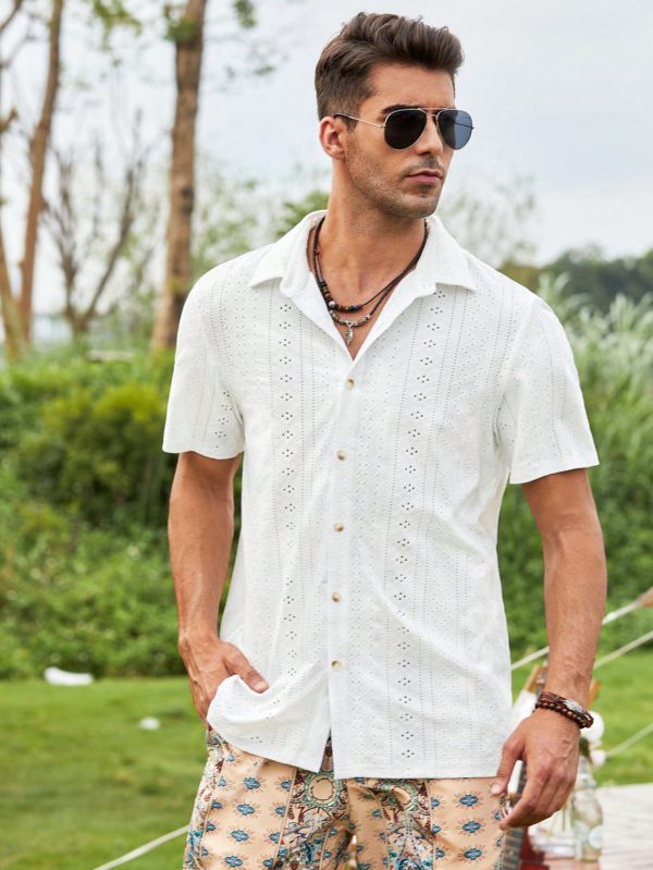 Men Eyelet Embroidery Button Up Short Sleeve Collar Plain White Boho Shirt For Dad & Boyfriend Gift