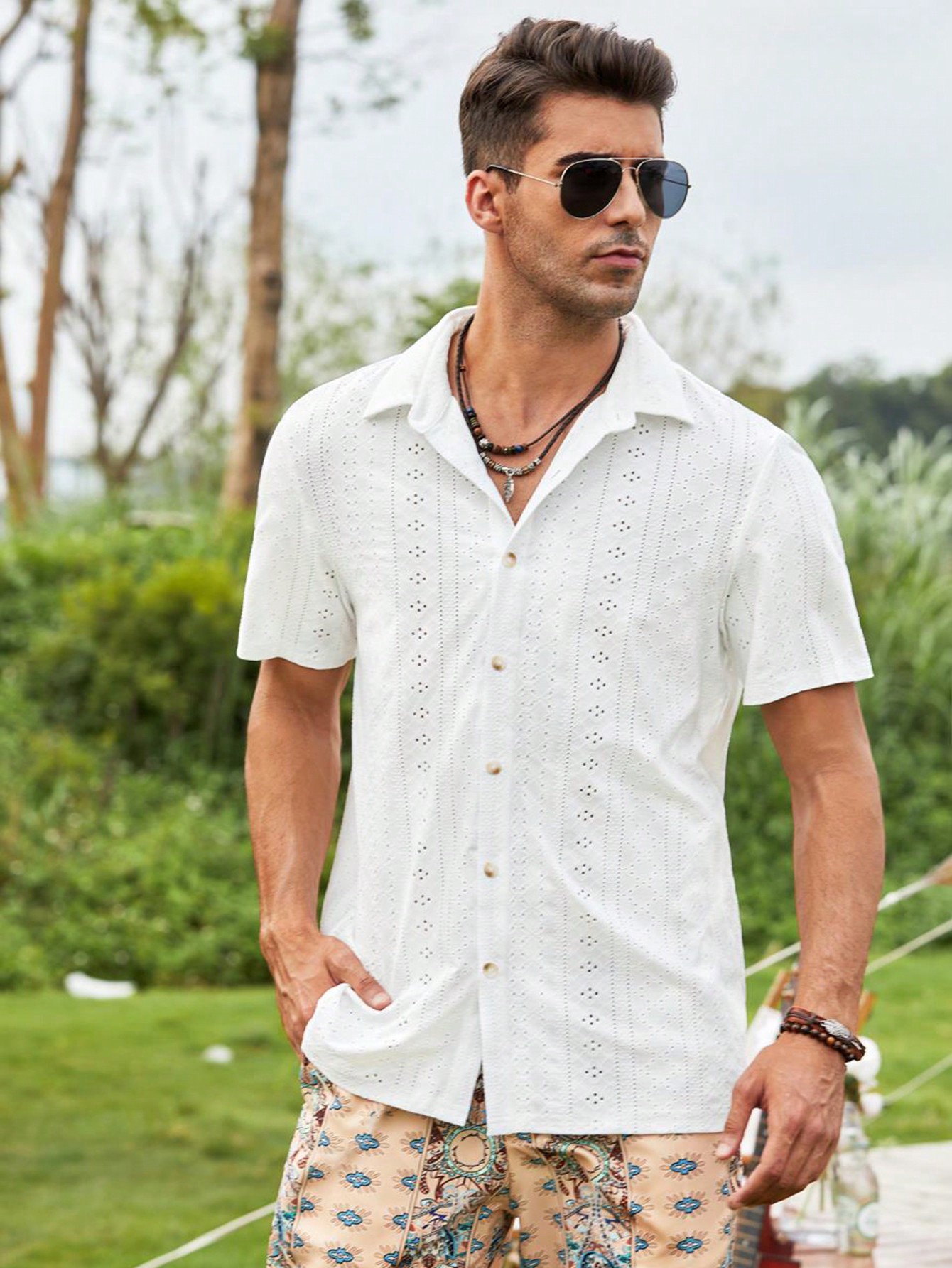Men Eyelet Embroidery Button Up Short Sleeve Collar Plain White Boho Shirt For Dad & Boyfriend Gift