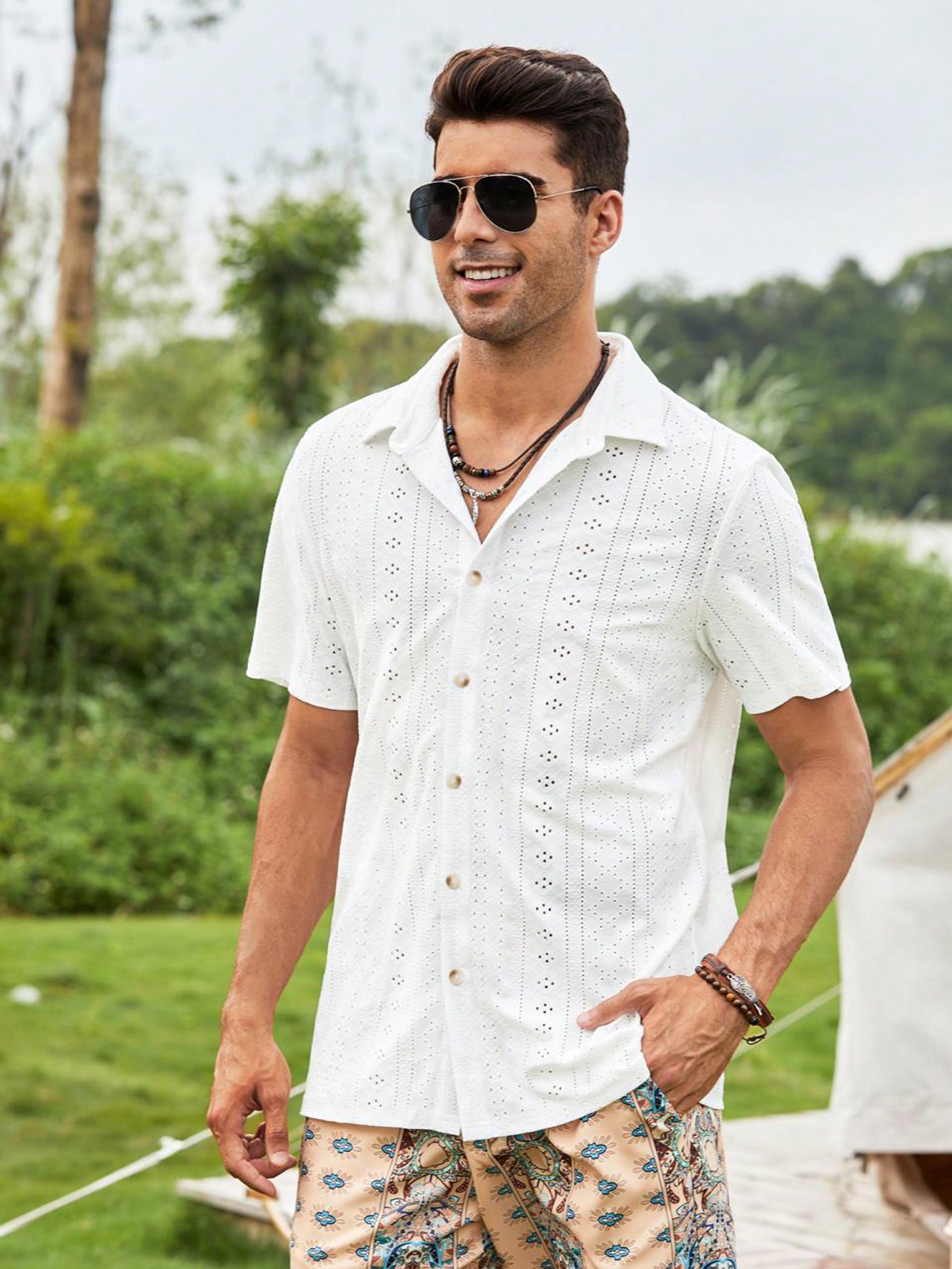 Men Eyelet Embroidery Button Up Short Sleeve Collar Plain White Boho Shirt For Dad & Boyfriend Gift