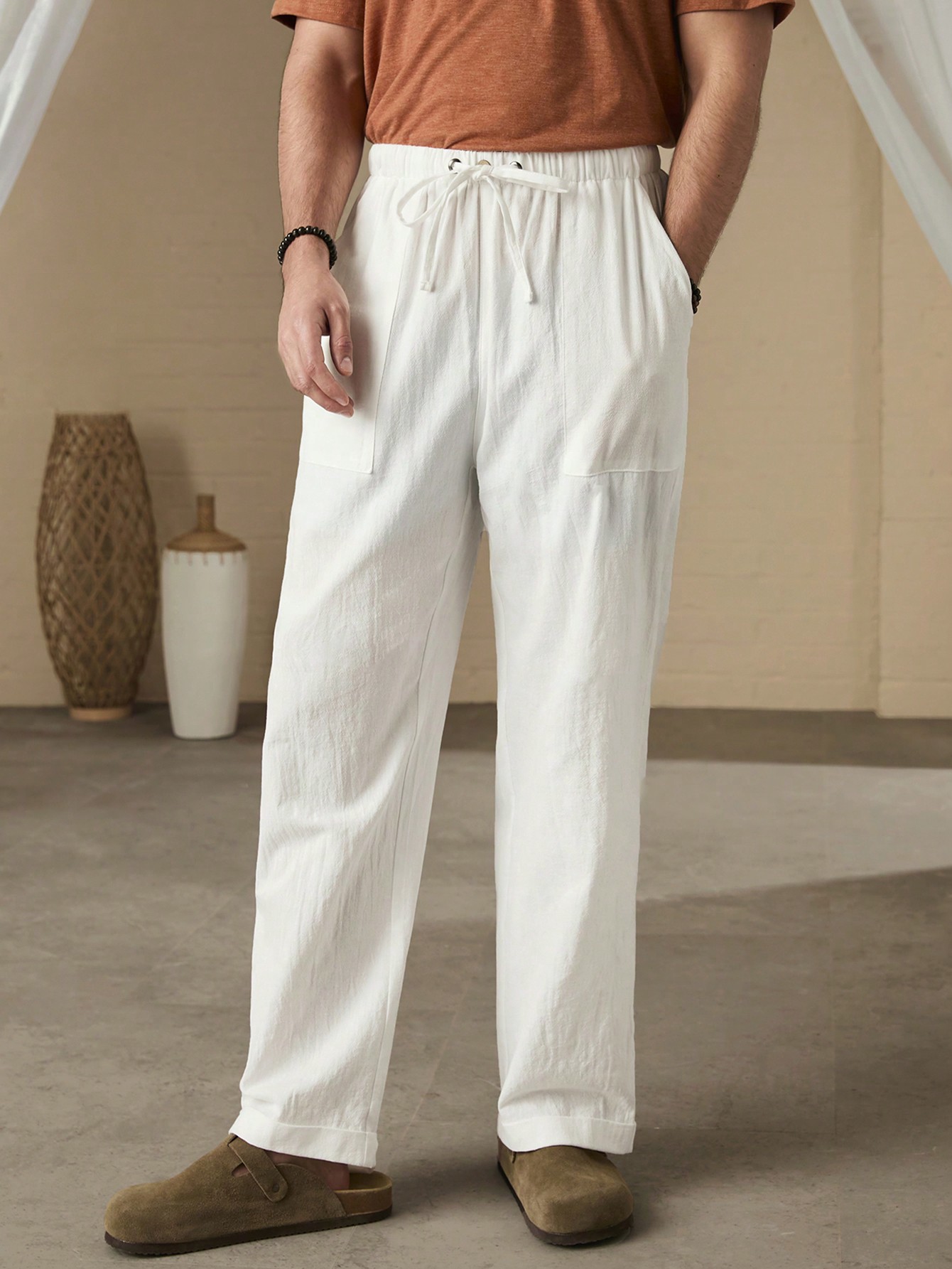 Men Solid Color Drawstring Daily Casual Pants