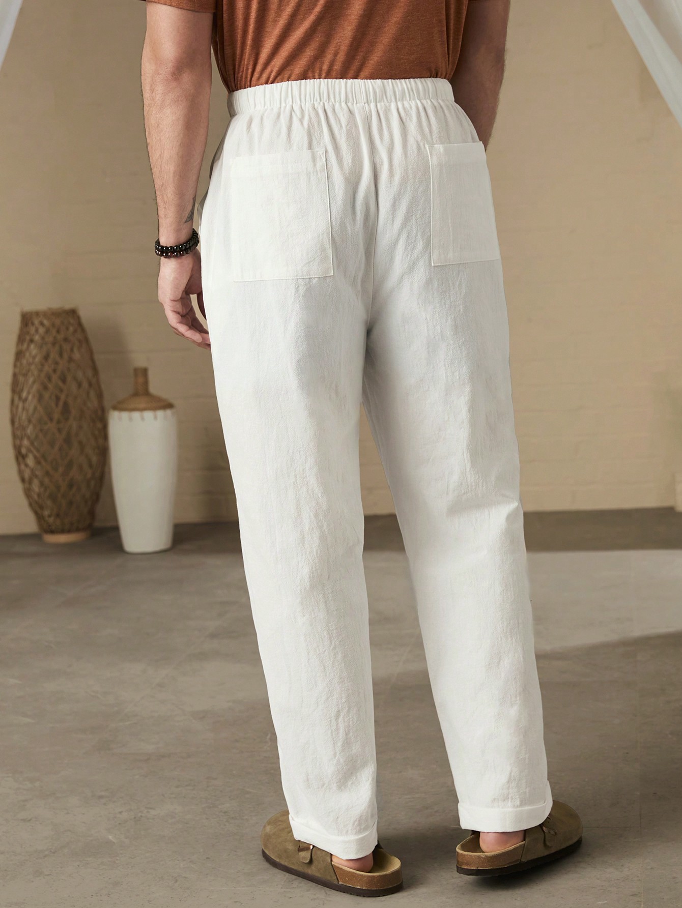 Men Solid Color Drawstring Daily Casual Pants
