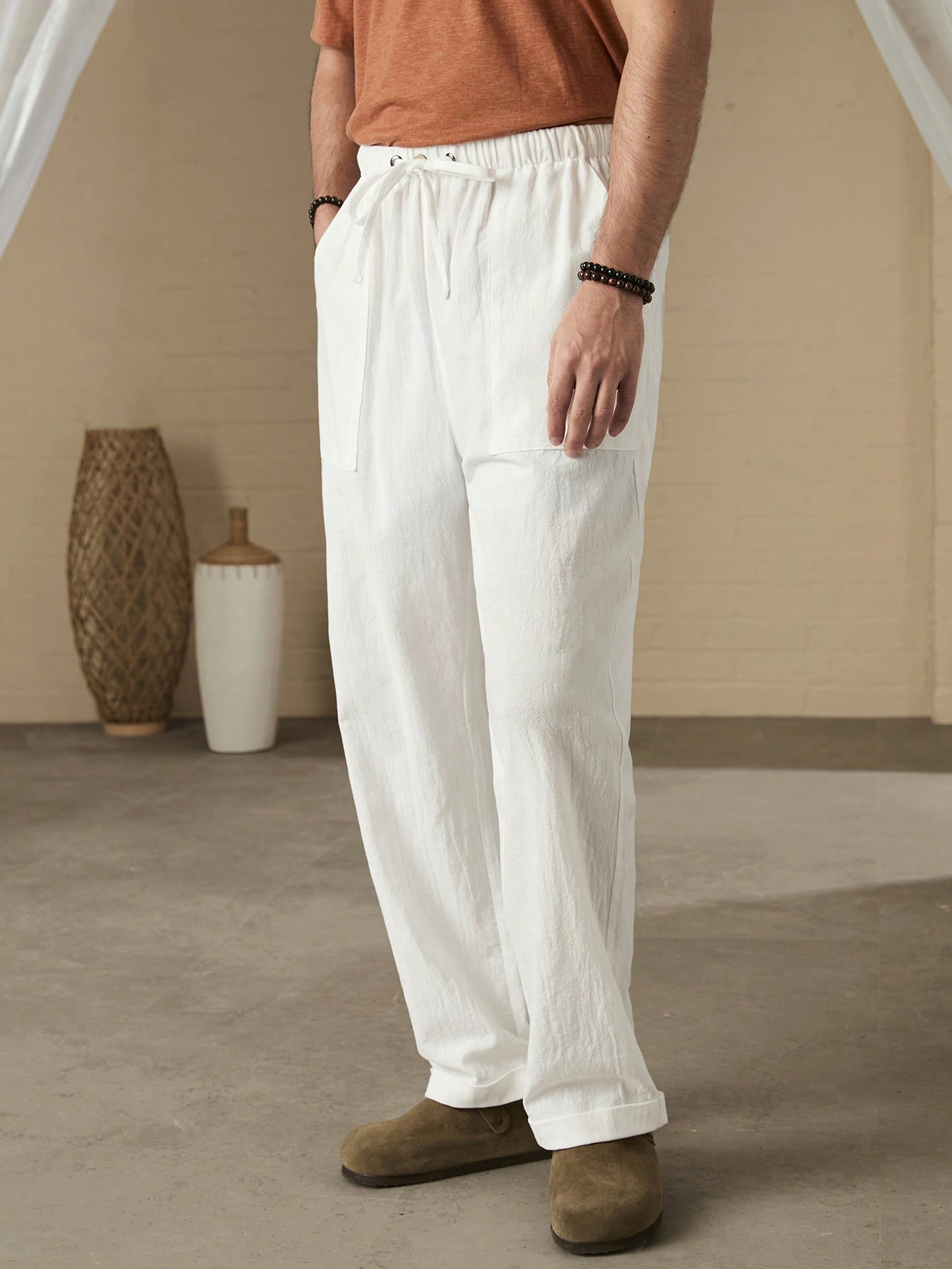 Men Solid Color Drawstring Daily Casual Pants