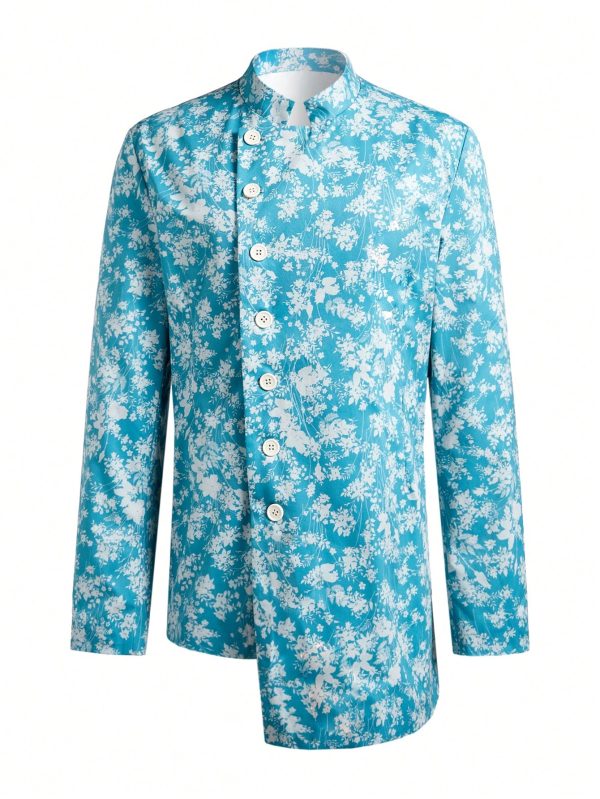 Men's Full Floral Print Asymmetrical Hem Single-Breasted Suit Jacket And Straight Leg Pants Set