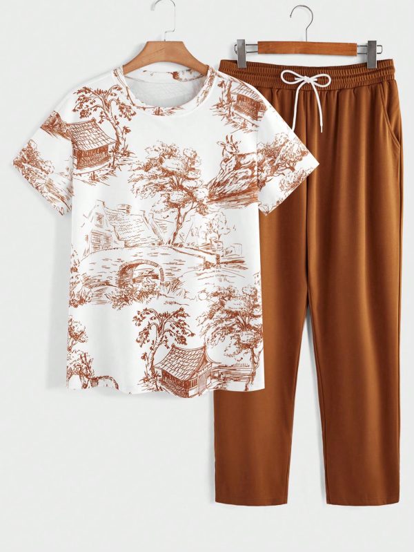 Casual Men 2pcs Set ?C Graphic Print Short Sleeve T-Shirt And Drawstring Waist Loose Pants