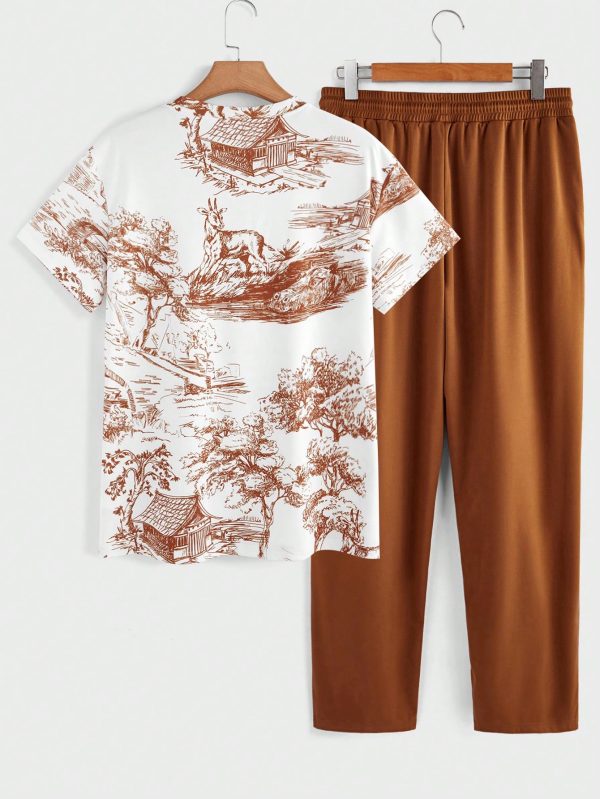 Casual Men 2pcs Set ?C Graphic Print Short Sleeve T-Shirt And Drawstring Waist Loose Pants