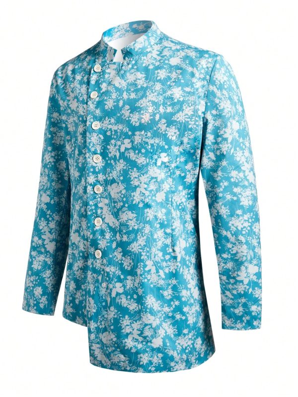 Men's Full Floral Print Asymmetrical Hem Single-Breasted Suit Jacket And Straight Leg Pants Set