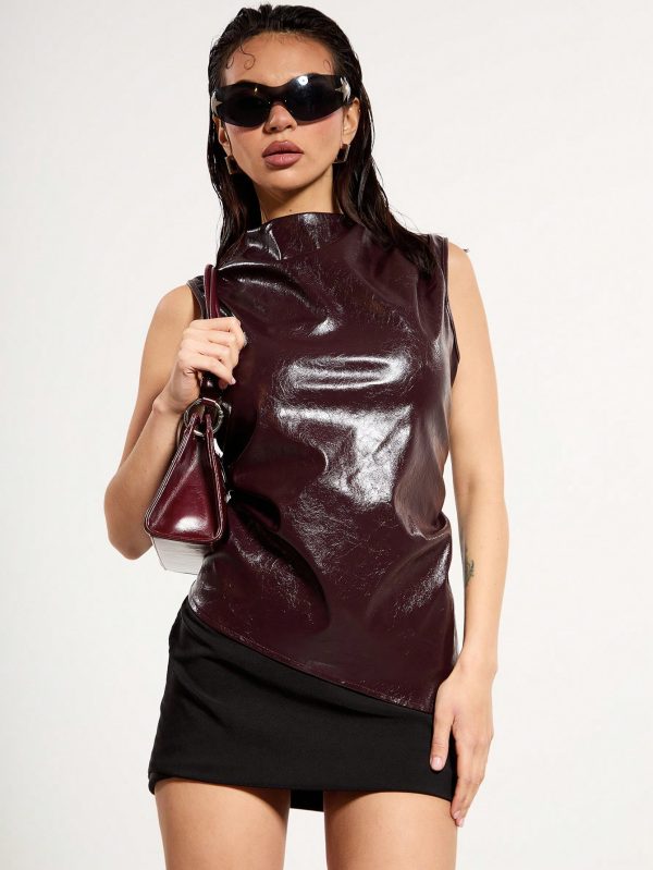 Sexy Fall Tops,Faux Leather,Going Out Tops Ruched Front High Neck Top