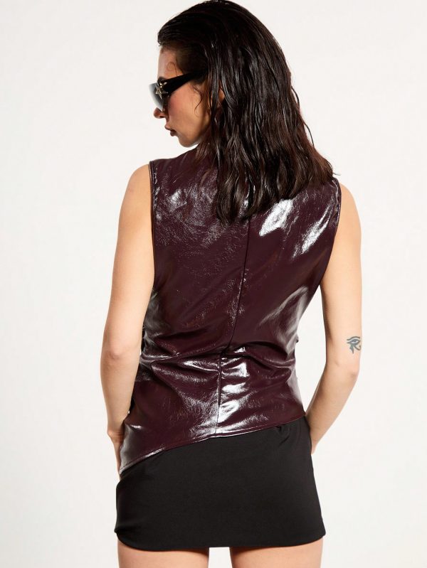 Sexy Fall Tops,Faux Leather,Going Out Tops Ruched Front High Neck Top