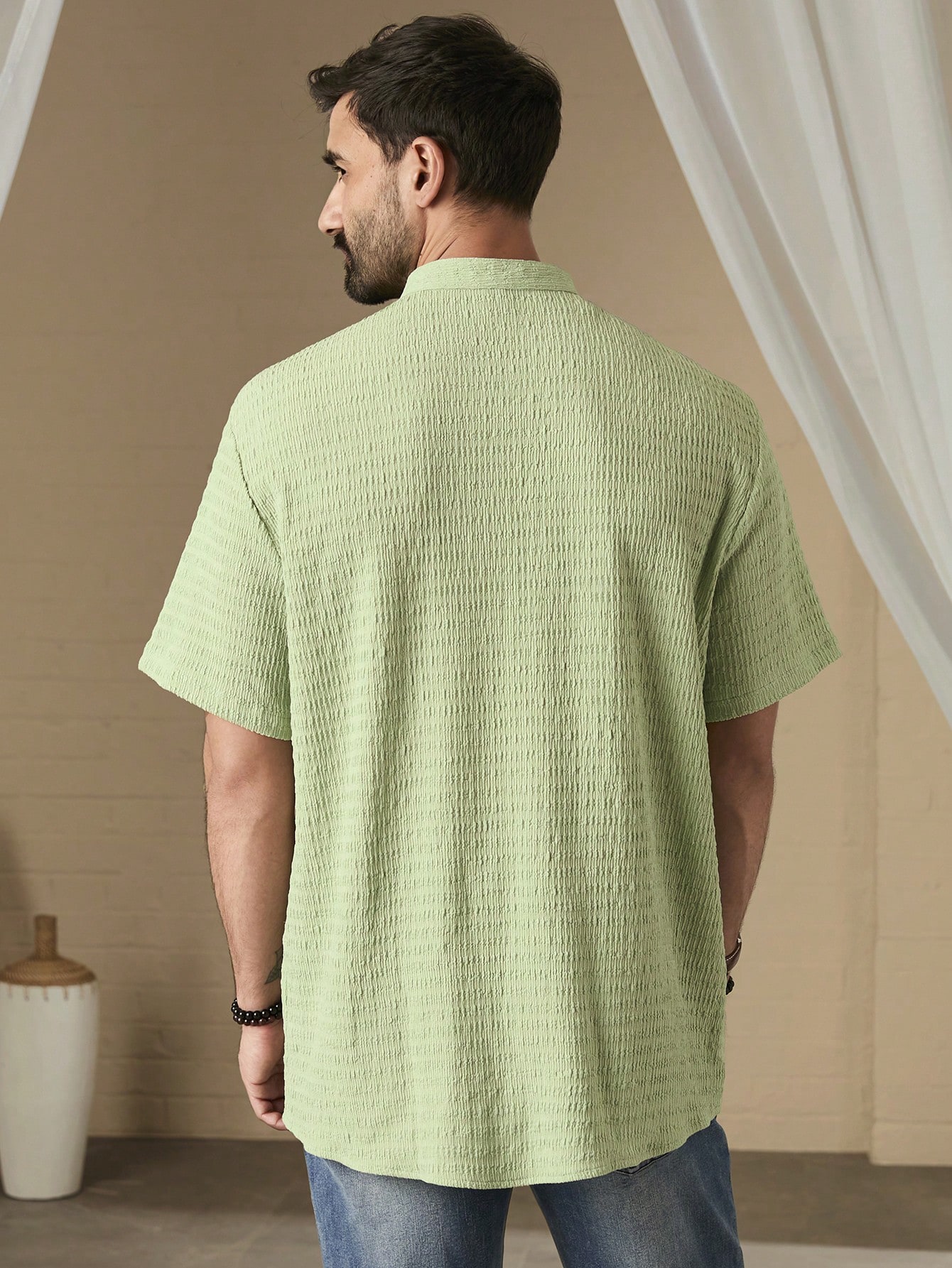 Men Solid Color Single-Breasted Short Sleeve Shirt, SpringSummer