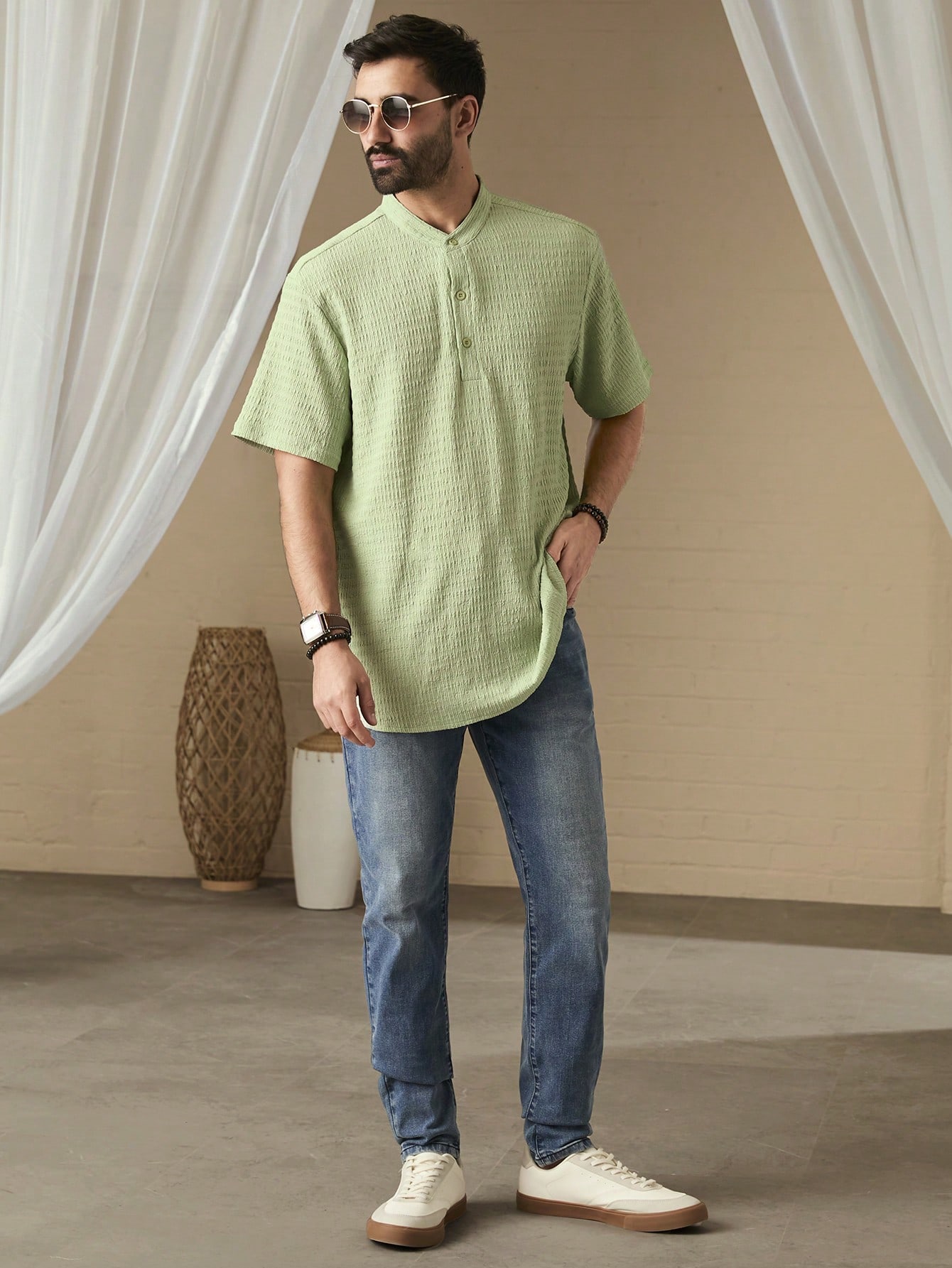 Men Solid Color Single-Breasted Short Sleeve Shirt, SpringSummer