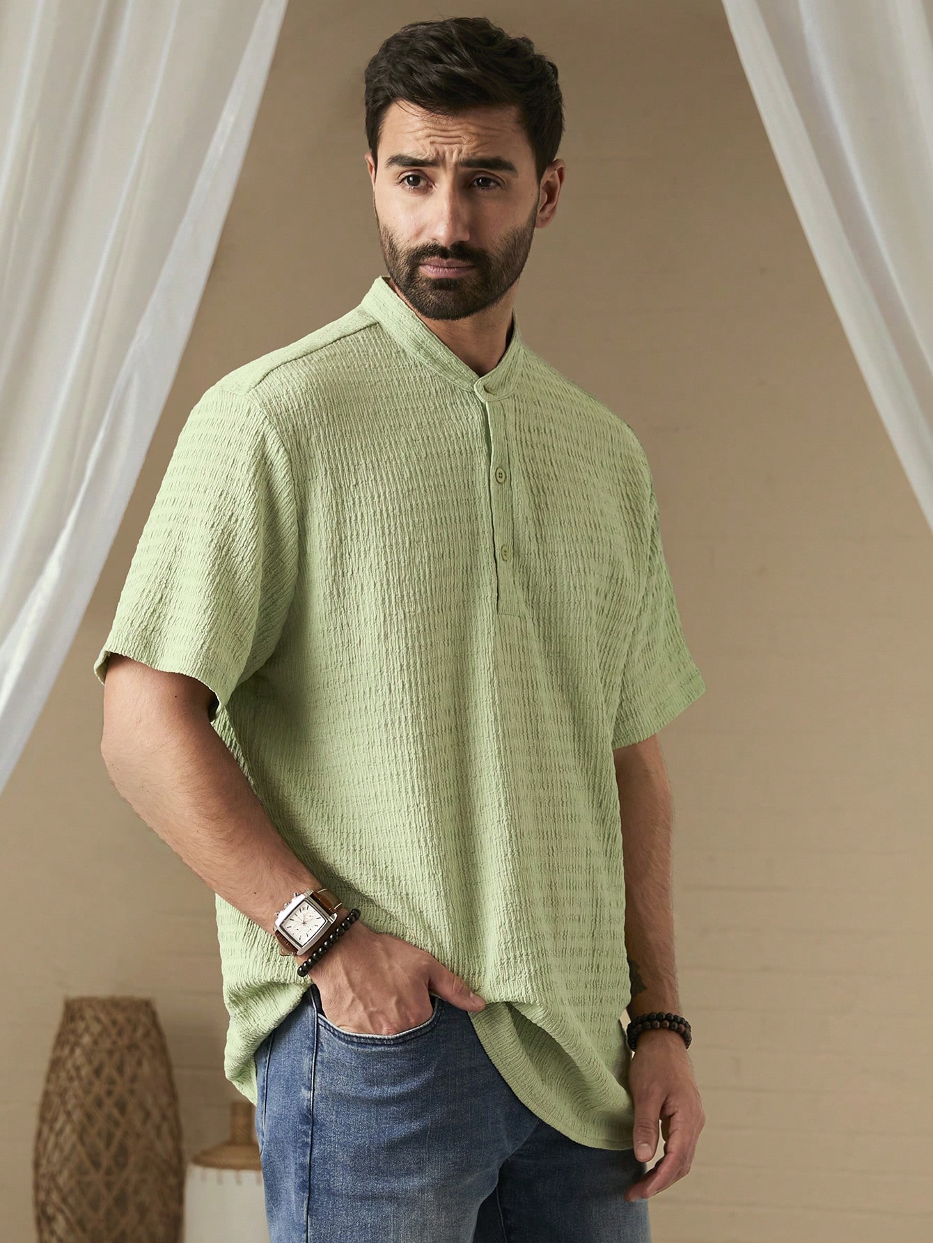 Men Solid Color Single-Breasted Short Sleeve Shirt, SpringSummer