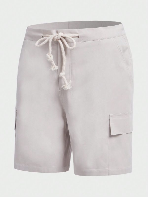 Men Flap Pocket Side Drawstring Waist Cargo Shorts Cool Plain Khaki Vacation Casual Couple Matching