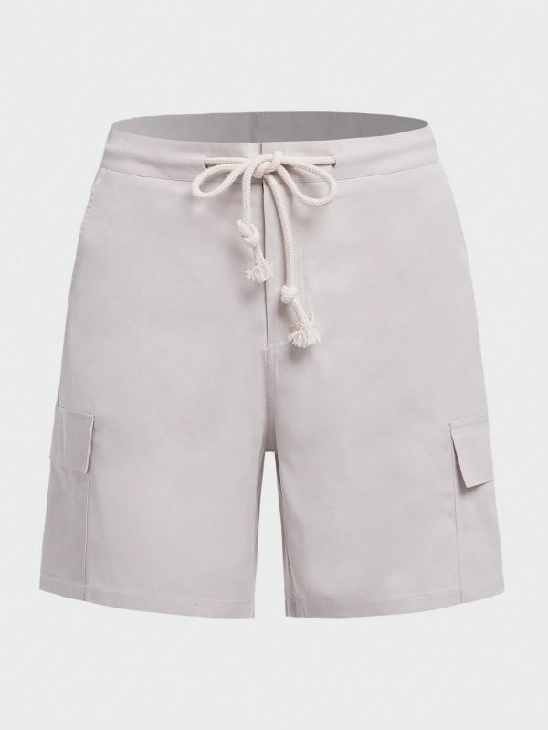 Men Flap Pocket Side Drawstring Waist Cargo Shorts Cool Plain Khaki Vacation Casual Couple Matching