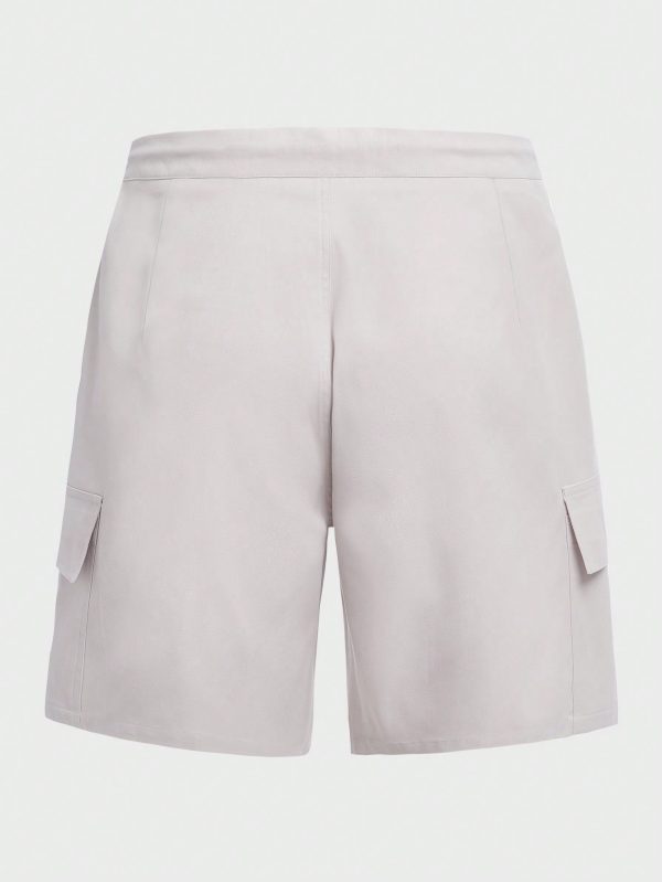Men Flap Pocket Side Drawstring Waist Cargo Shorts Cool Plain Khaki Vacation Casual Couple Matching