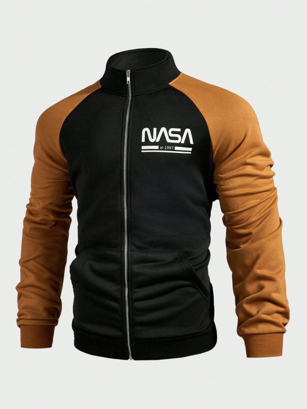Men's Stand CollarLogo Color Block Casual Sweatshirt