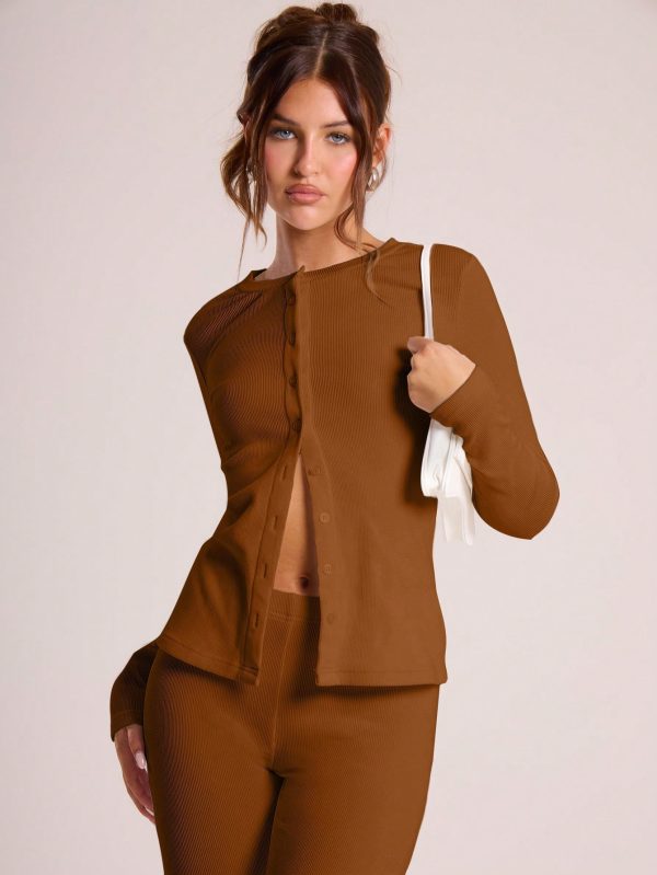 Ribbed Button Through Long Sleeve Crew Neck Top