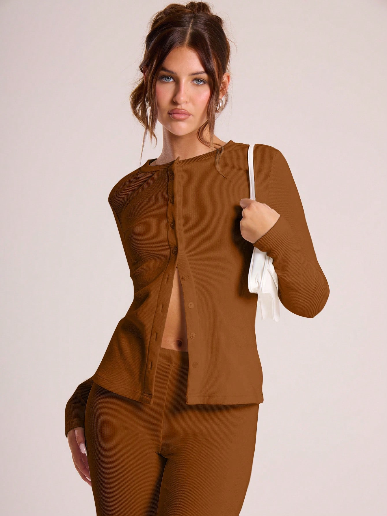 Ribbed Button Through Long Sleeve Crew Neck Top