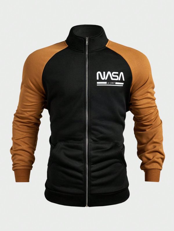 Men's Stand CollarLogo Color Block Casual Sweatshirt