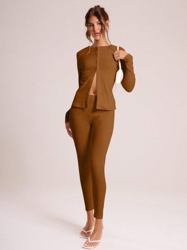 Ribbed Button Through Long Sleeve Crew Neck Top