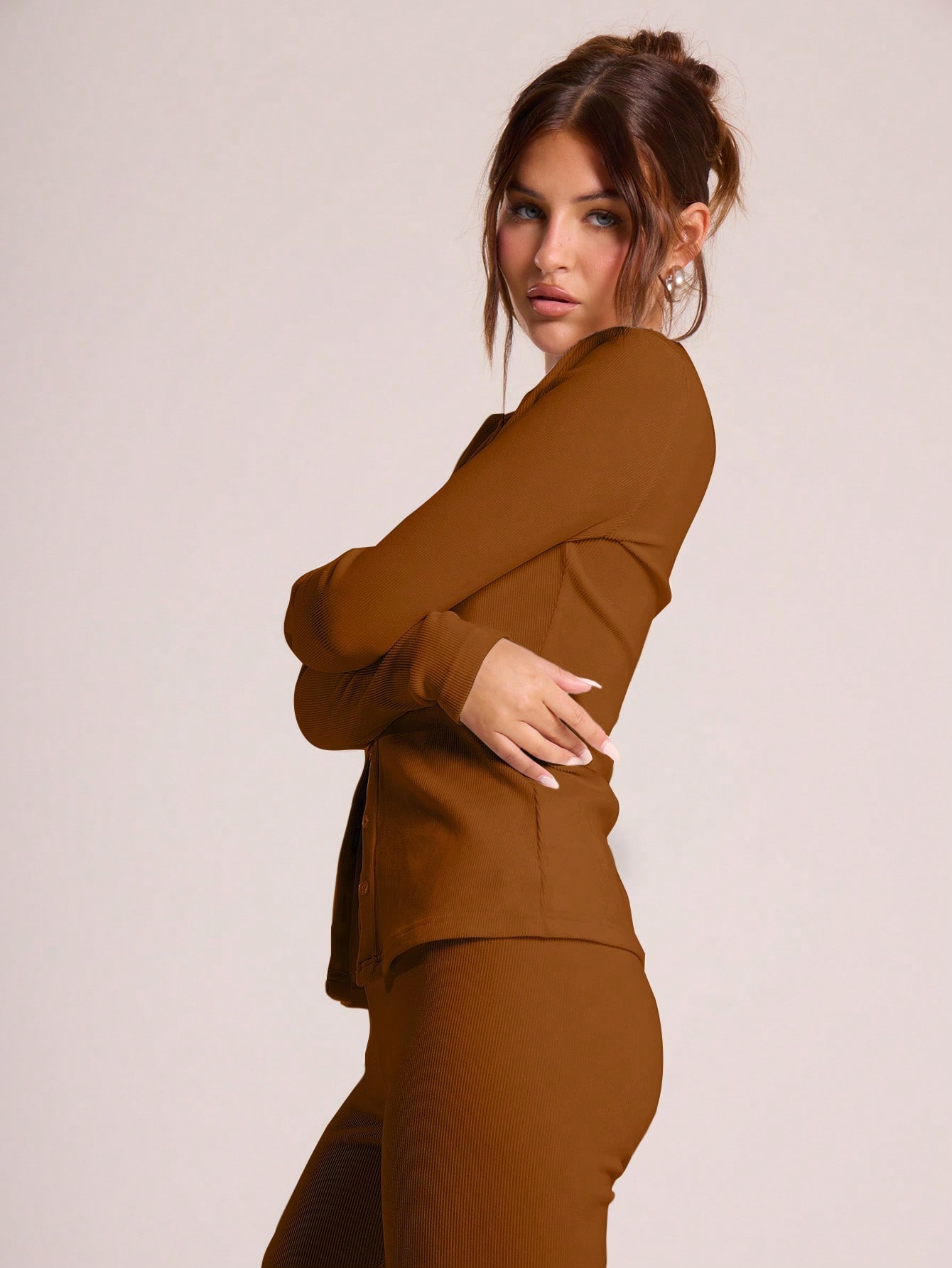 Ribbed Button Through Long Sleeve Crew Neck Top