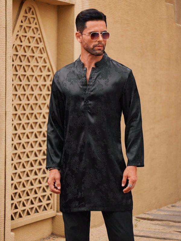 Men's Spring/Summer Floral Jacquard Button-Up Shirt With Half Placket And Long Sleeves