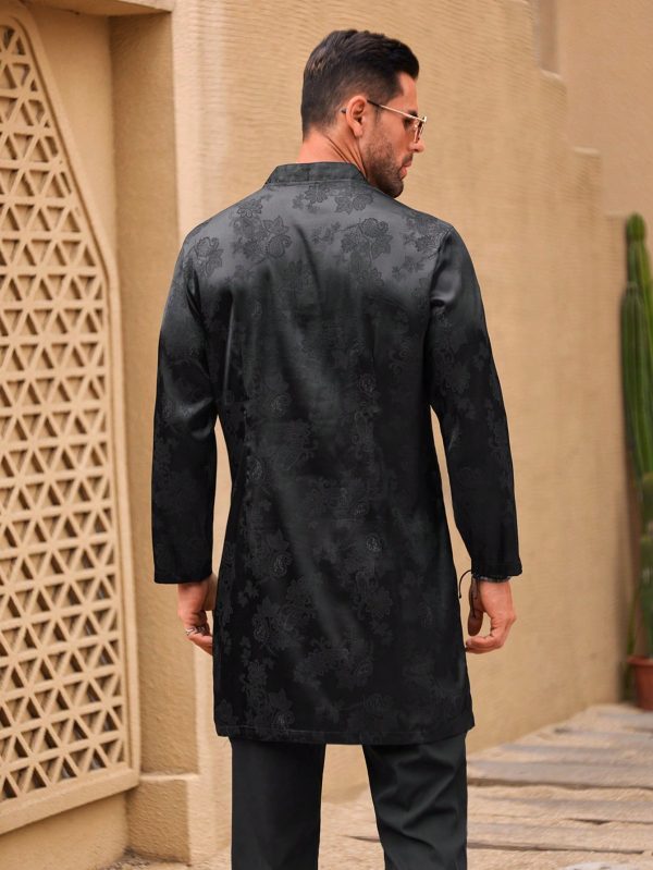 Men's Spring/Summer Floral Jacquard Button-Up Shirt With Half Placket And Long Sleeves