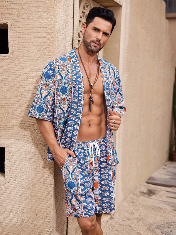 Men's Retro Printed Short Sleeve Shirt & Shorts Set