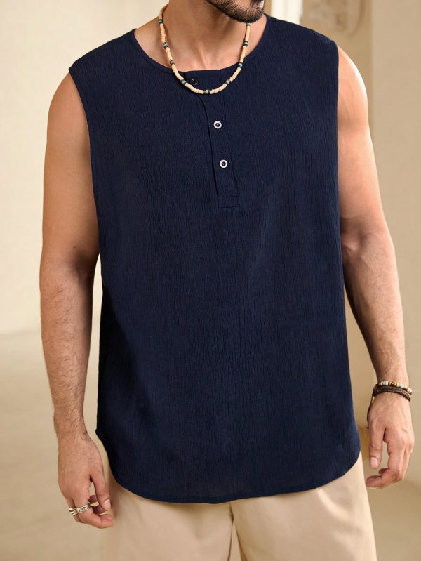 Men's Summer Solid Color Button Half-Placket Loose Fit Tank Top