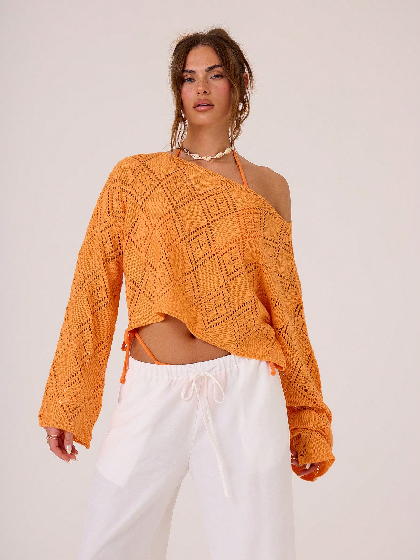Holiday Casual Pointelle Knit Boat Neck Drop Shoulder Sweater