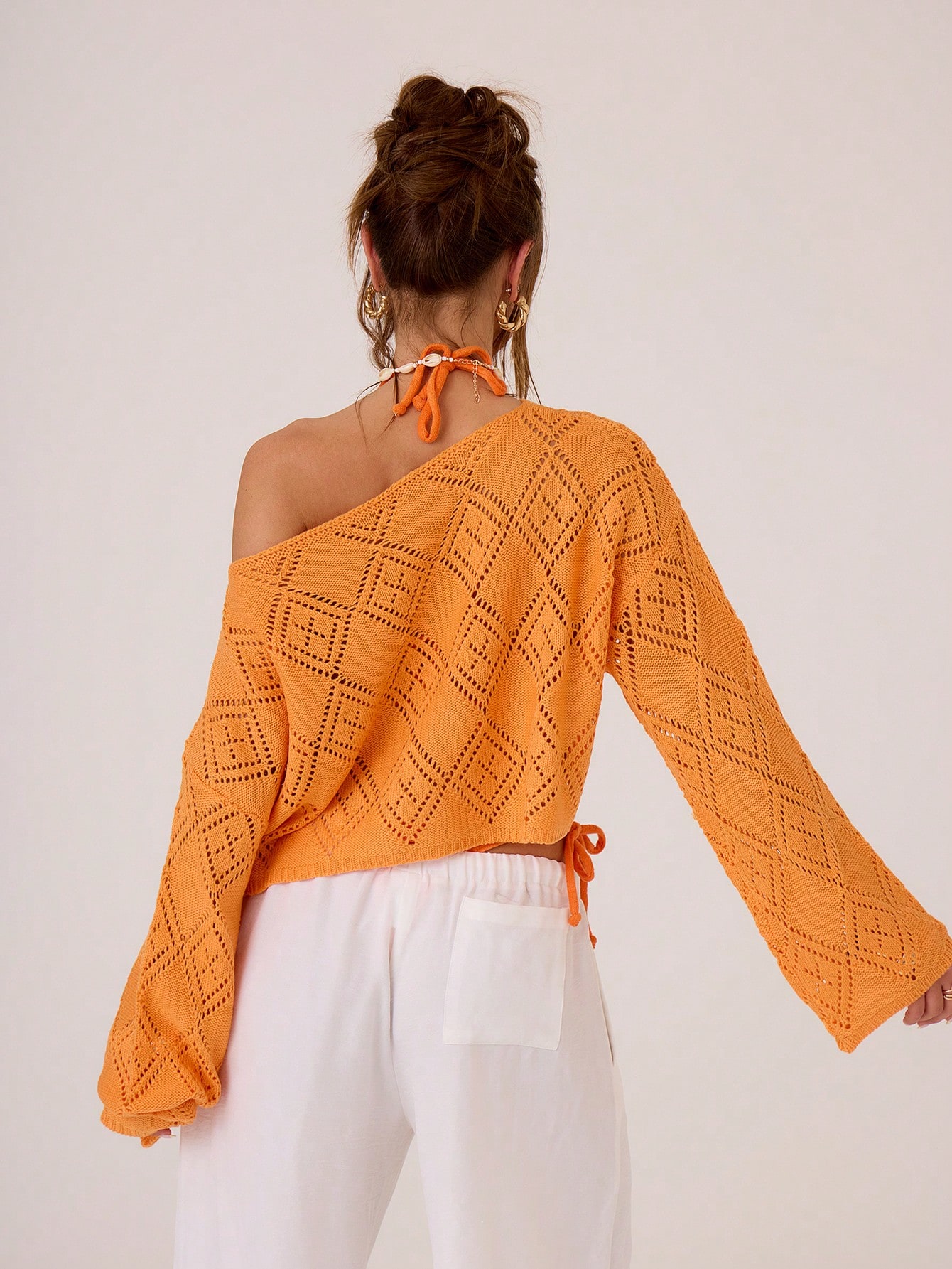 Holiday Casual Pointelle Knit Boat Neck Drop Shoulder Sweater
