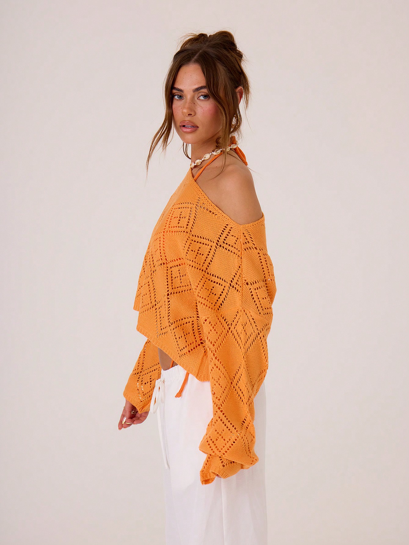 Holiday Casual Pointelle Knit Boat Neck Drop Shoulder Sweater