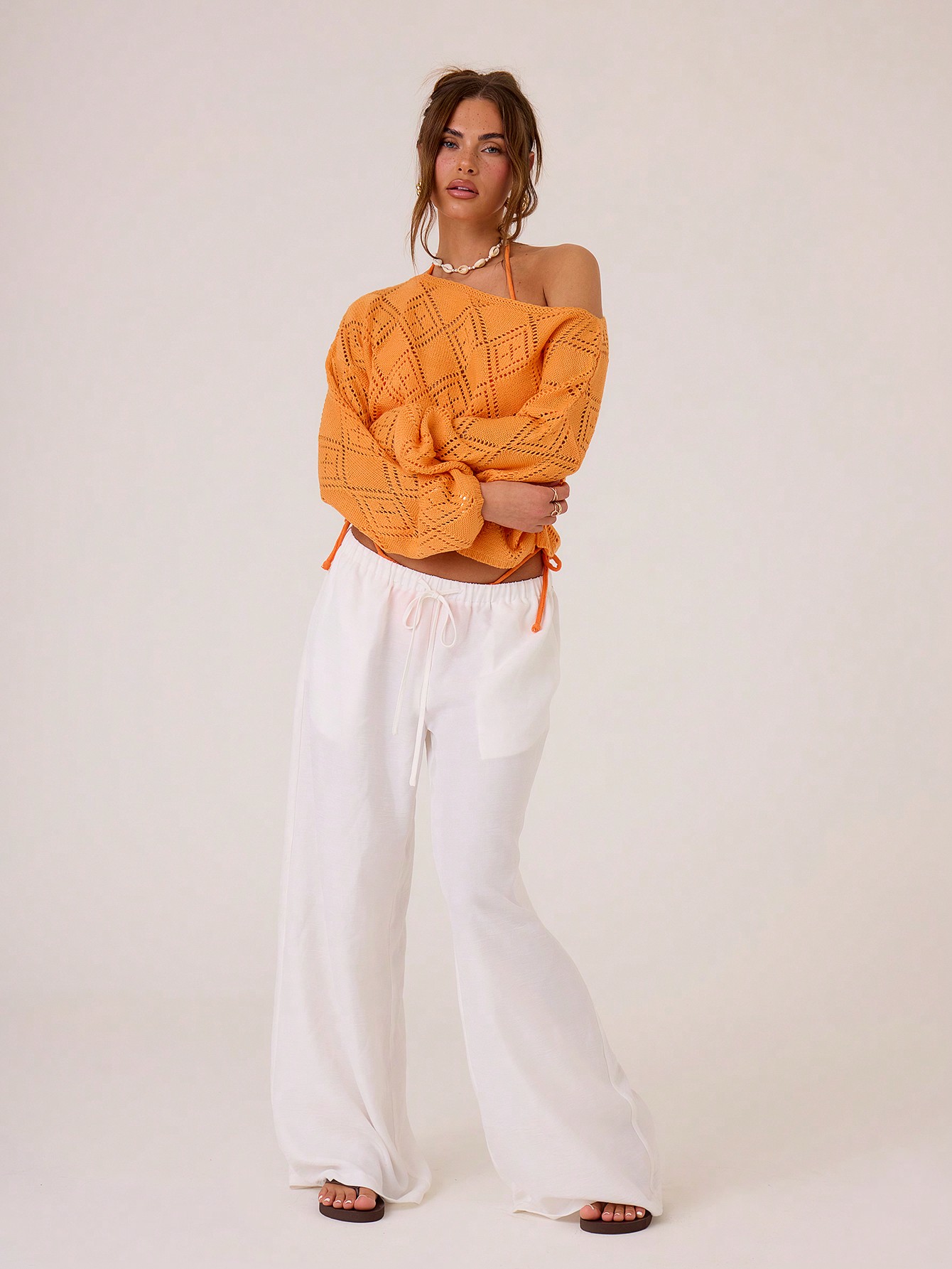 Holiday Casual Pointelle Knit Boat Neck Drop Shoulder Sweater
