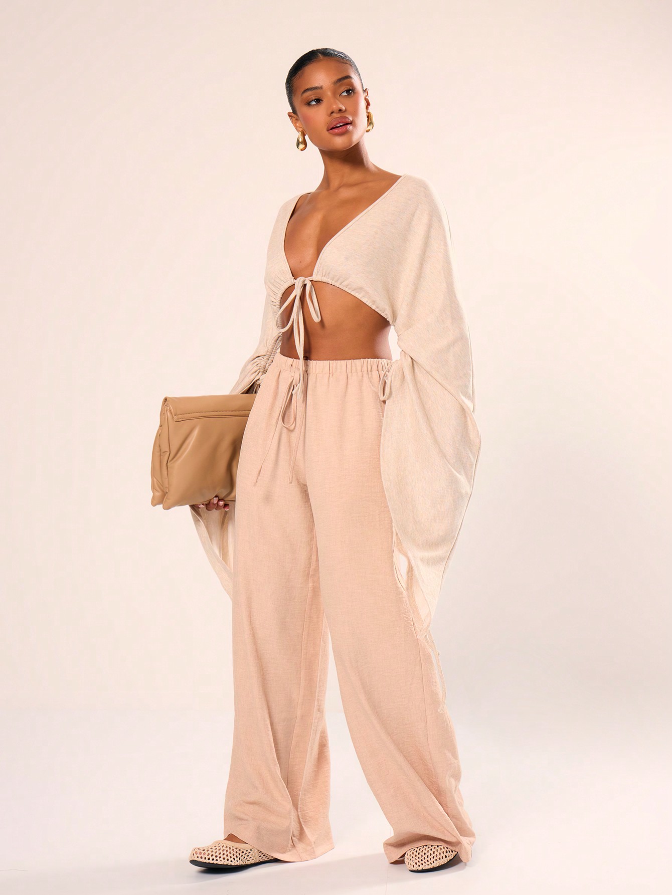 Holiday Textured Linen Feel Tie Waist Trouser