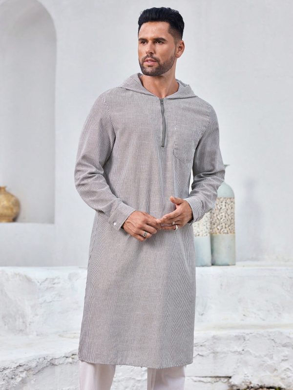 Men's Arabic Style Hooded Striped Robe Breathable Cotton Blend