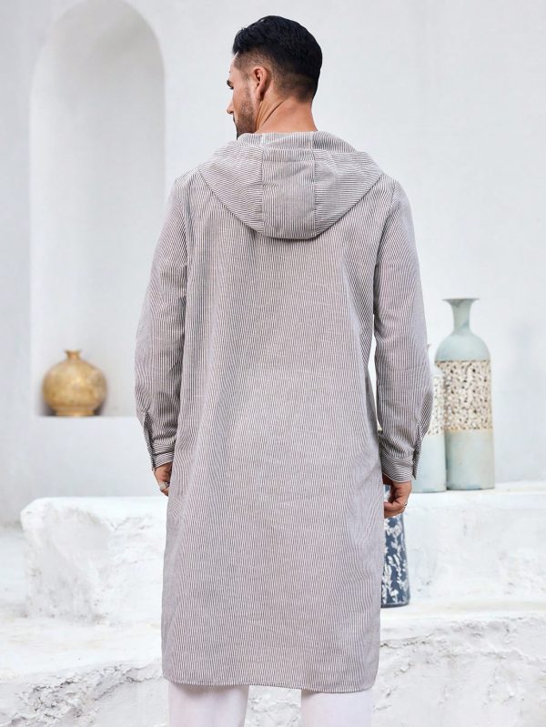 Men's Arabic Style Hooded Striped Robe Breathable Cotton Blend