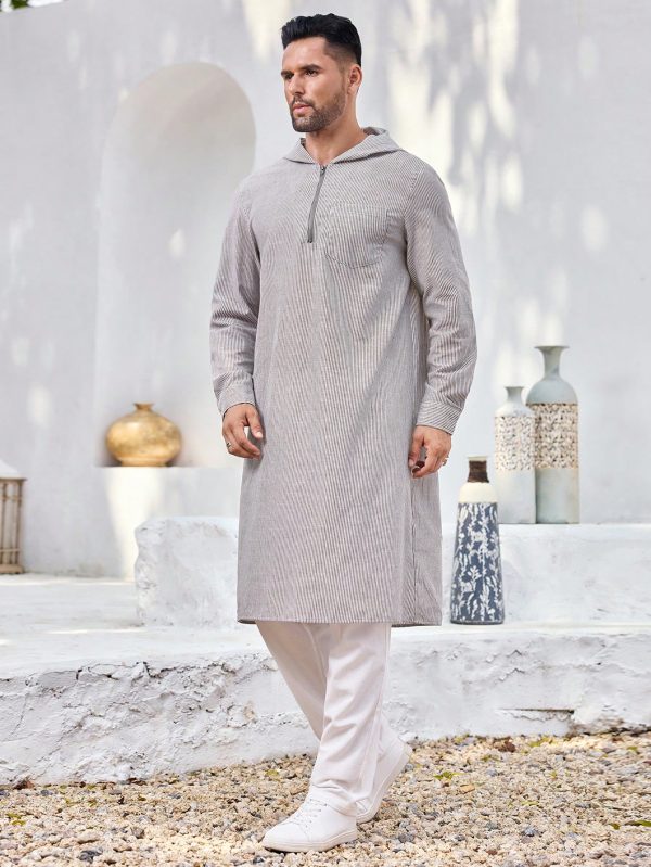 Men's Arabic Style Hooded Striped Robe Breathable Cotton Blend