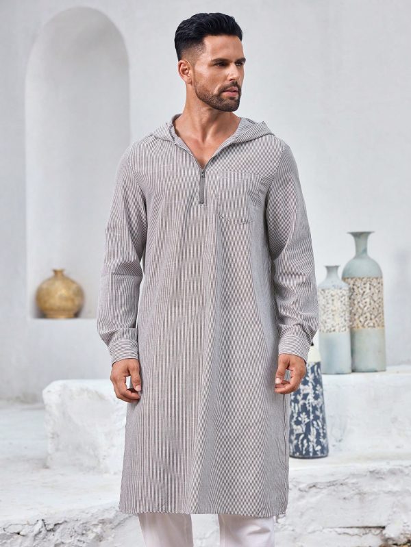 Men's Arabic Style Hooded Striped Robe Breathable Cotton Blend