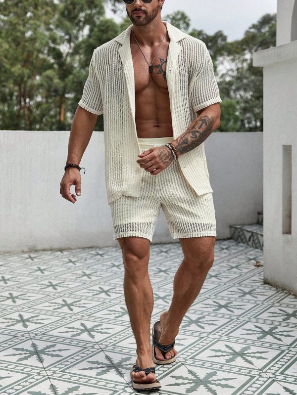 Men Hollow Out Shirt & Drawstring Waist Shorts