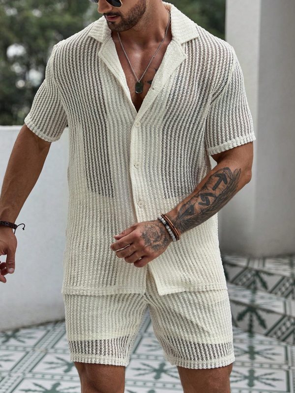 Men Hollow Out Shirt & Drawstring Waist Shorts