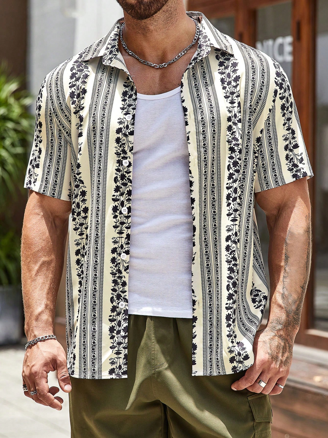 Men Striped & Floral Print Shirt