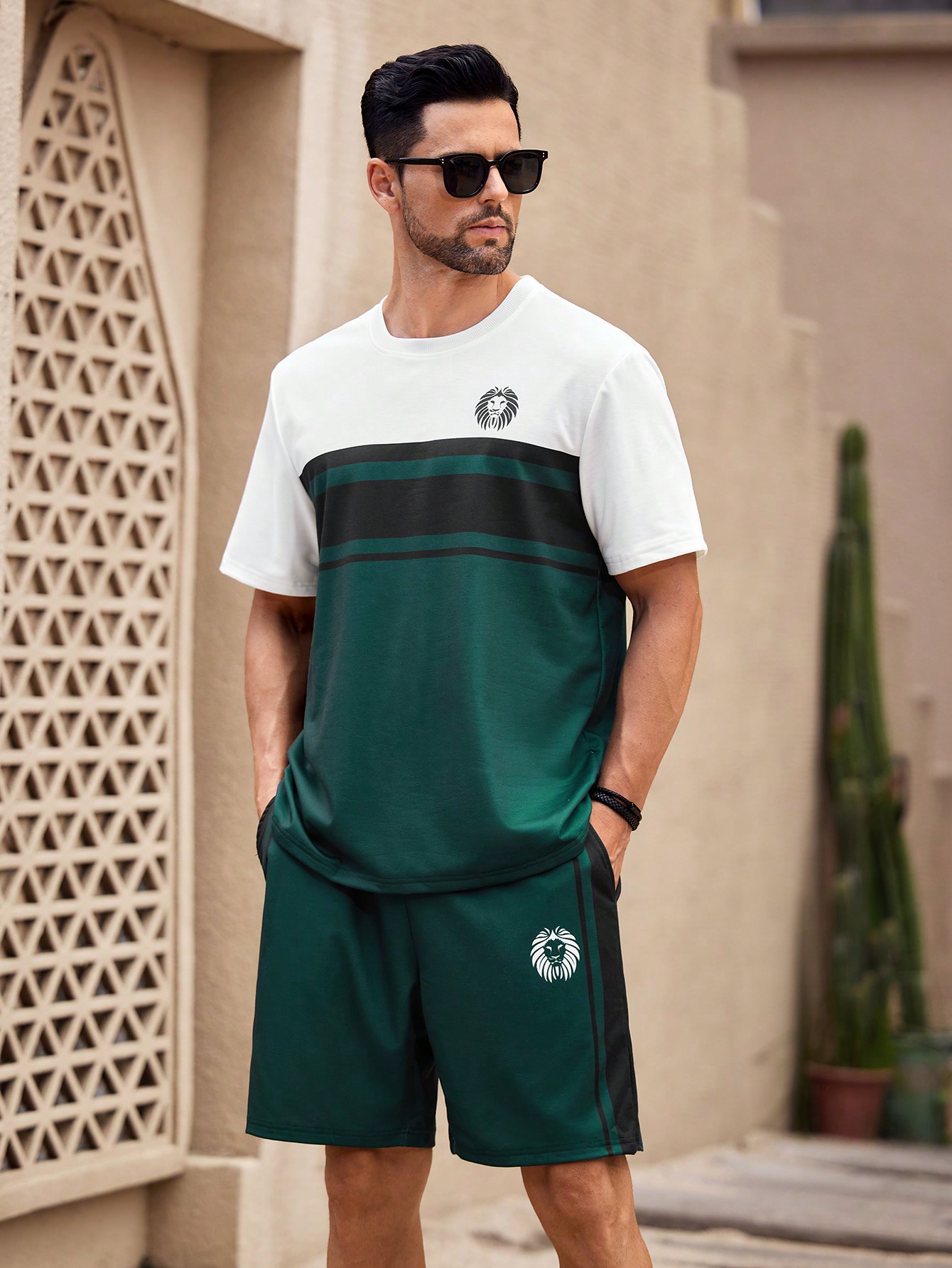 Green & White Patchwork T-Shirt And Shorts Set