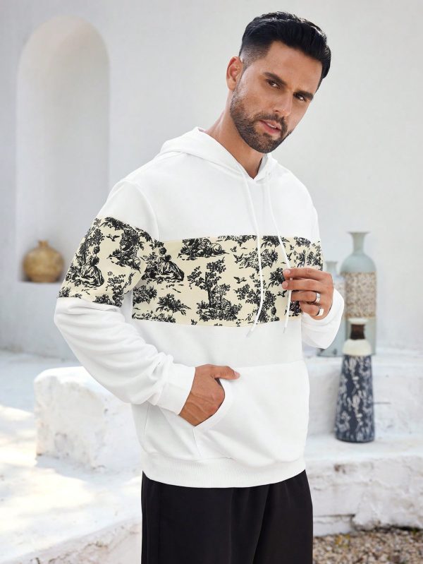 Men's Casual Printed Patchwork Hoodie, Spring Autumn