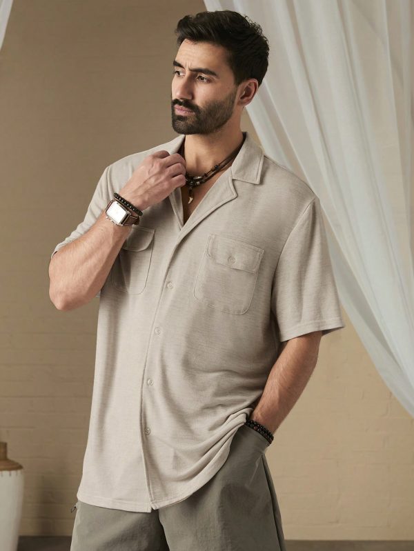 Men Summer Solid Color Patch Collar Workwear Pocket Short Sleeve Casual Shirt