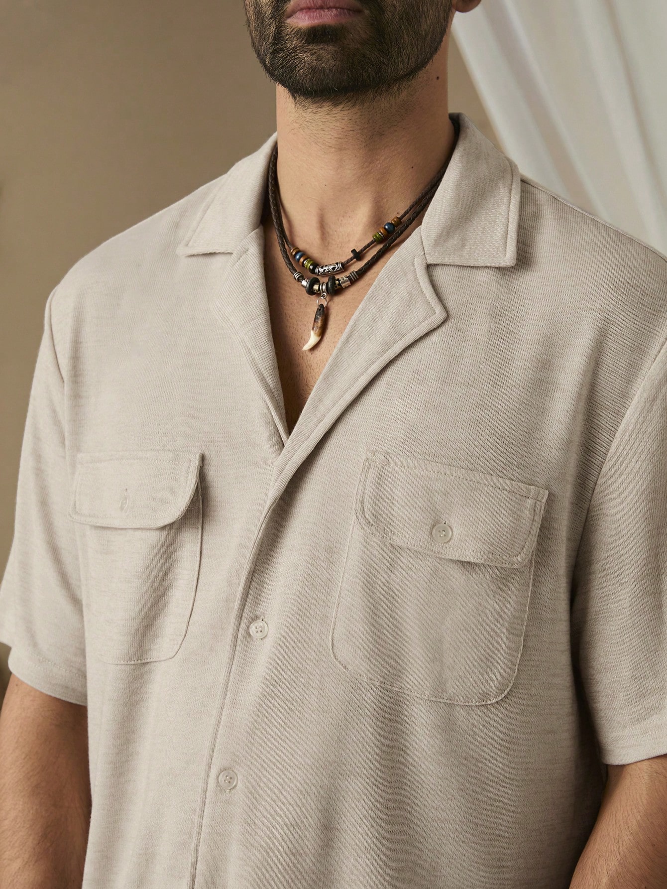 Men Summer Solid Color Patch Collar Workwear Pocket Short Sleeve Casual Shirt